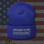 Blue beanie with 'Welcome to the Shitshow' text on an American flag background