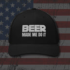 Black cap with 'BEER MADE ME DO IT' text on an American flag background