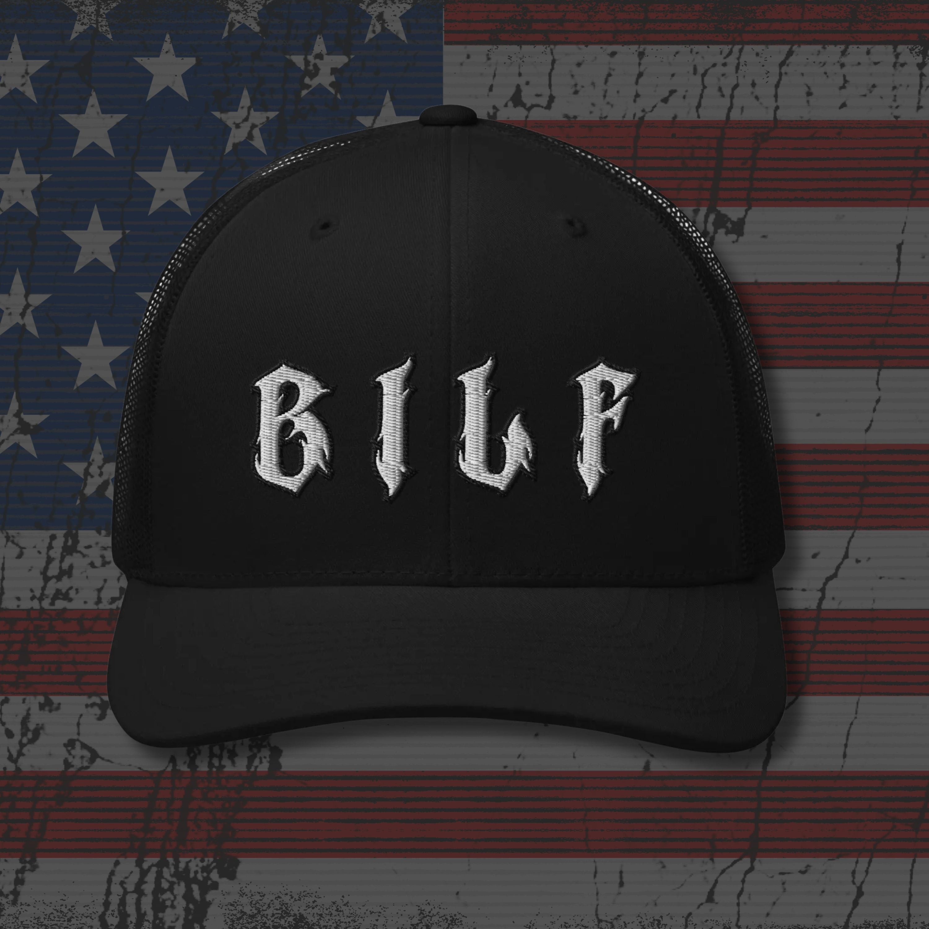 Black cap with 'BILF' text on an American flag background