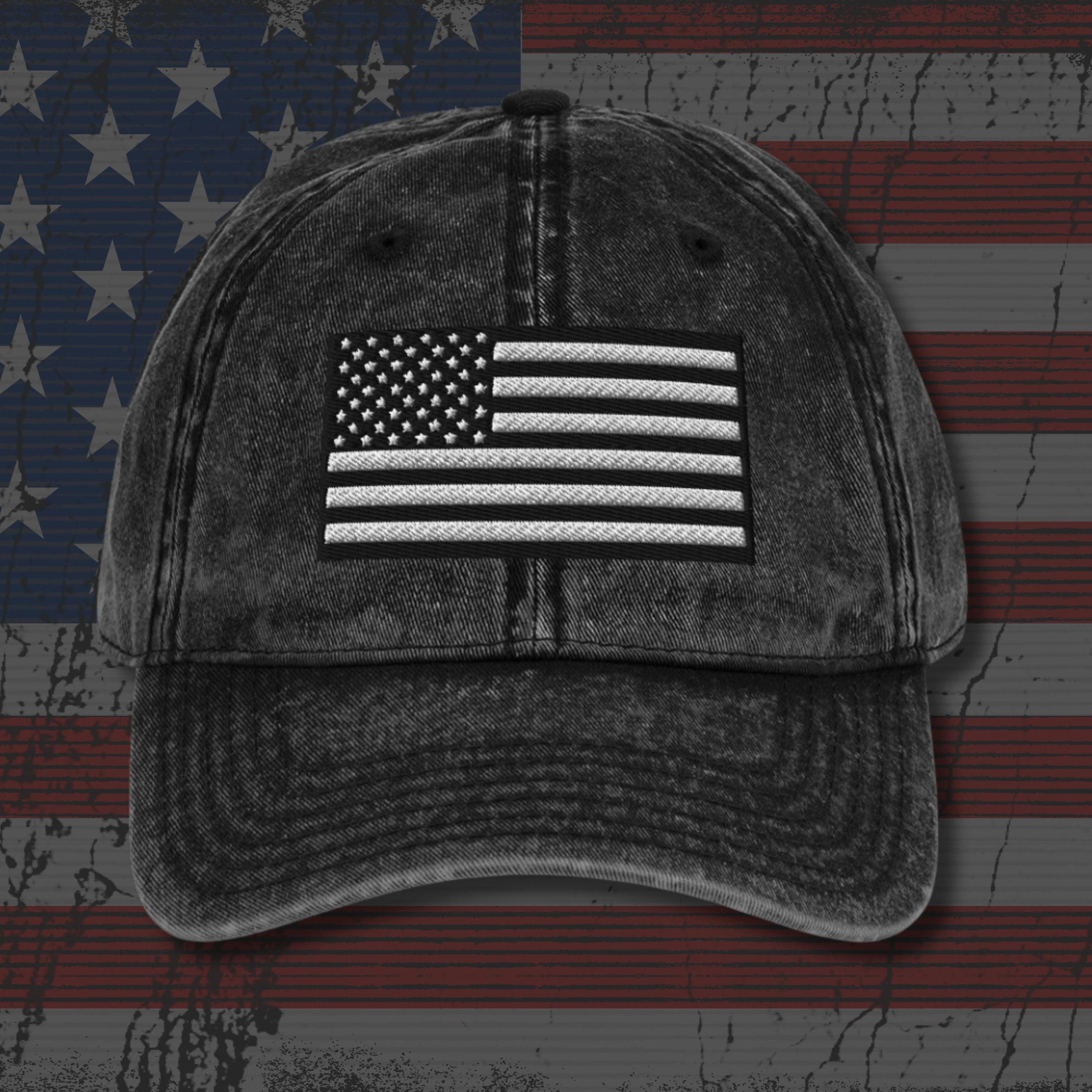 Vintage-style cap with American flag patch on a distressed American flag background