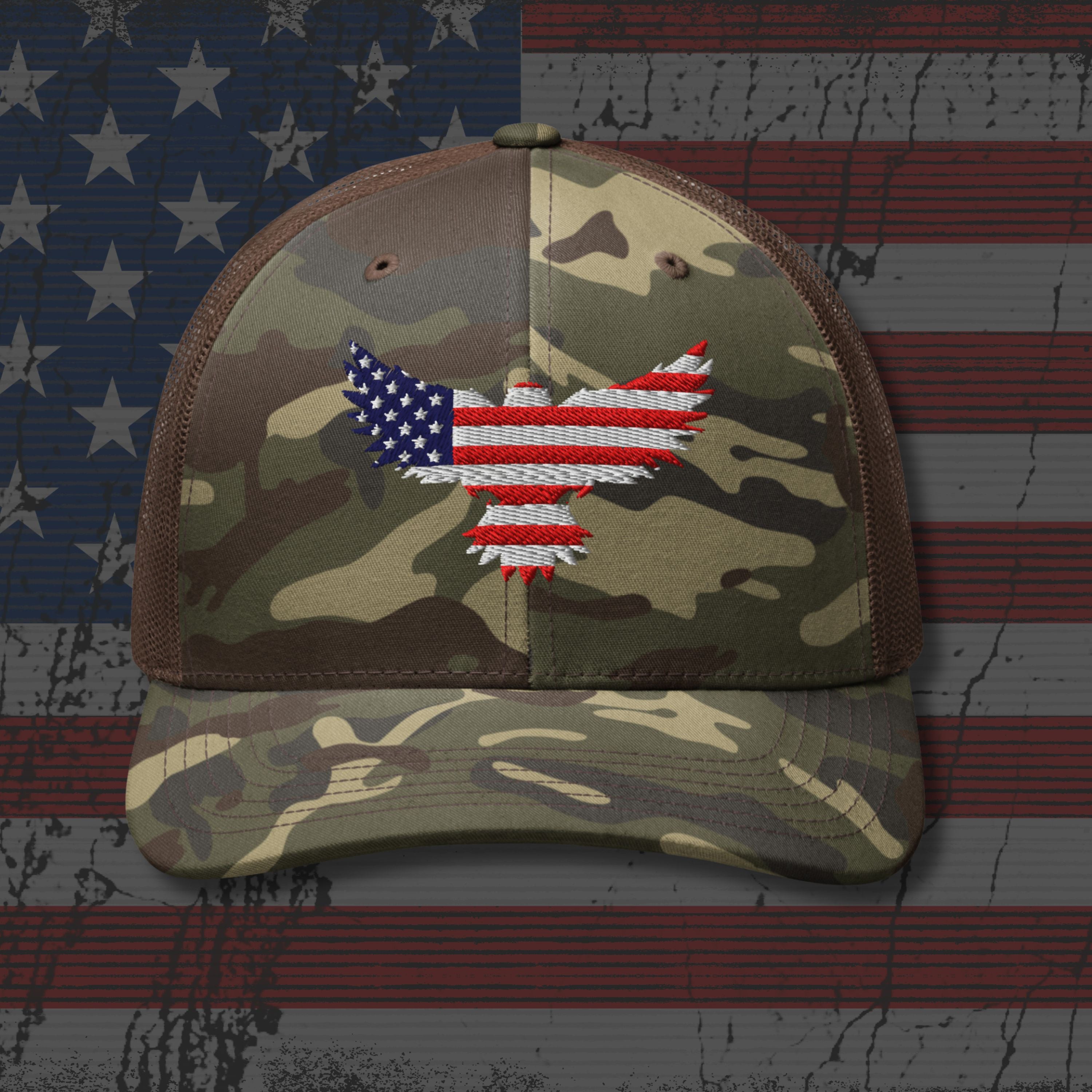 Camouflage cap with American flag design on a distressed American flag background