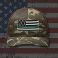 Camo and Black snapback hat with embroidered Camo Green Line Flag, back view