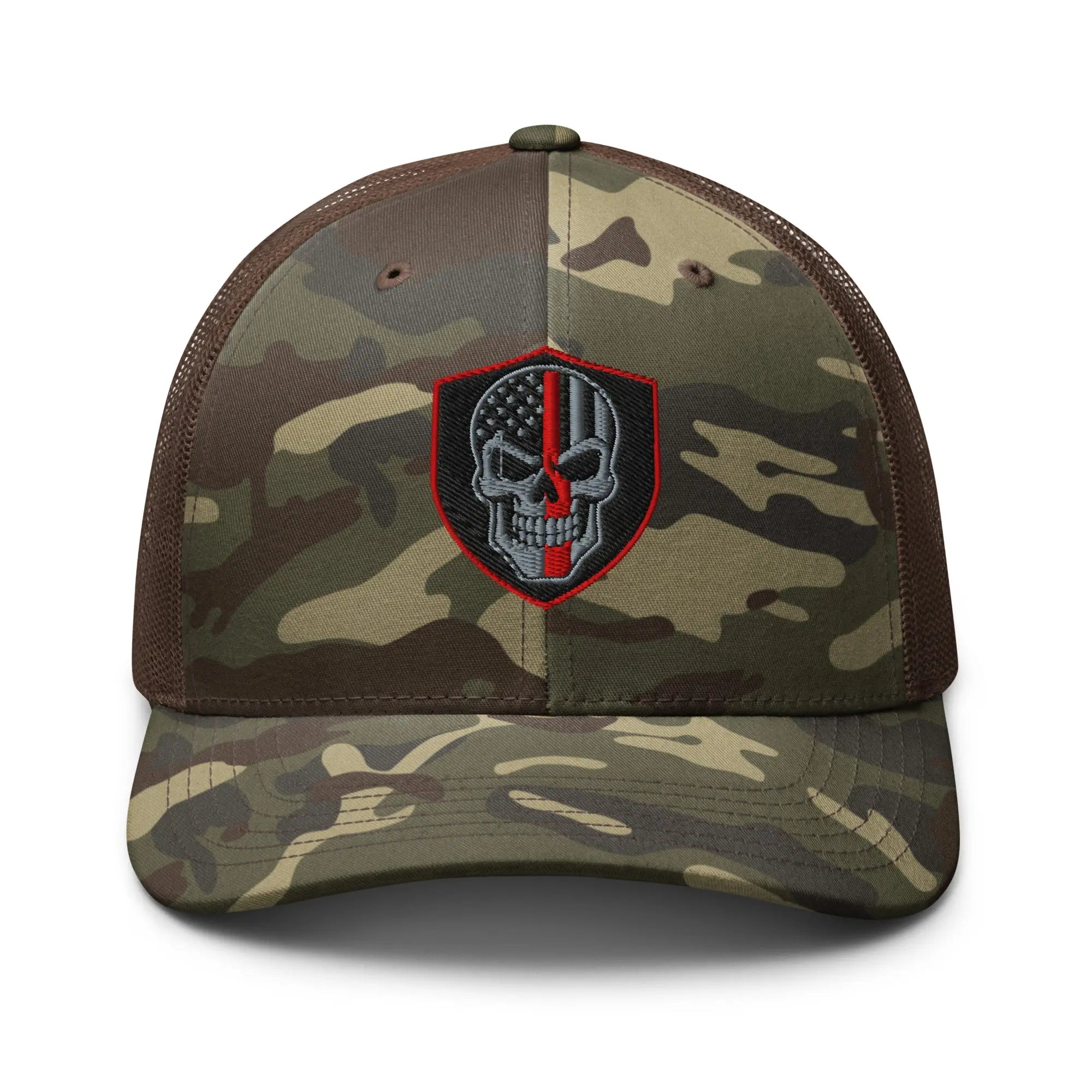 Hats Camo-Brown Snapback Custom Trucker Hats Back the Red Line Skull Camo Patriotic Cap Infidel Collective