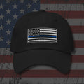 Black dad hat with embroidered Vintage Thin Blue Line Flag, back view