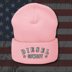 Pink beanie with 'Diesel Cowboy' text on an American flag background