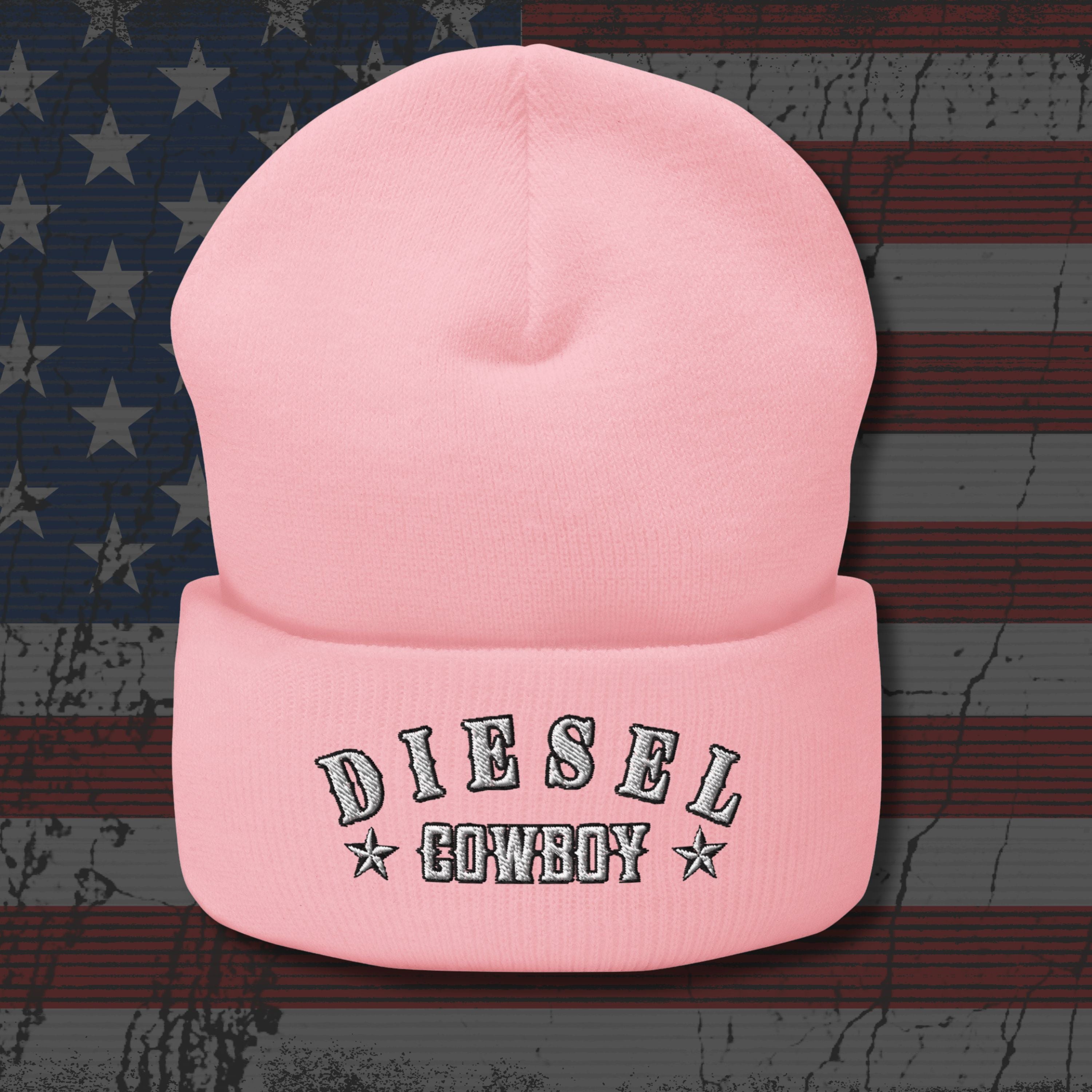 Pink beanie with 'Diesel Cowboy' text on an American flag background