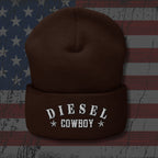 Brown beanie with 'Diesel Cowboy' text on an American flag background