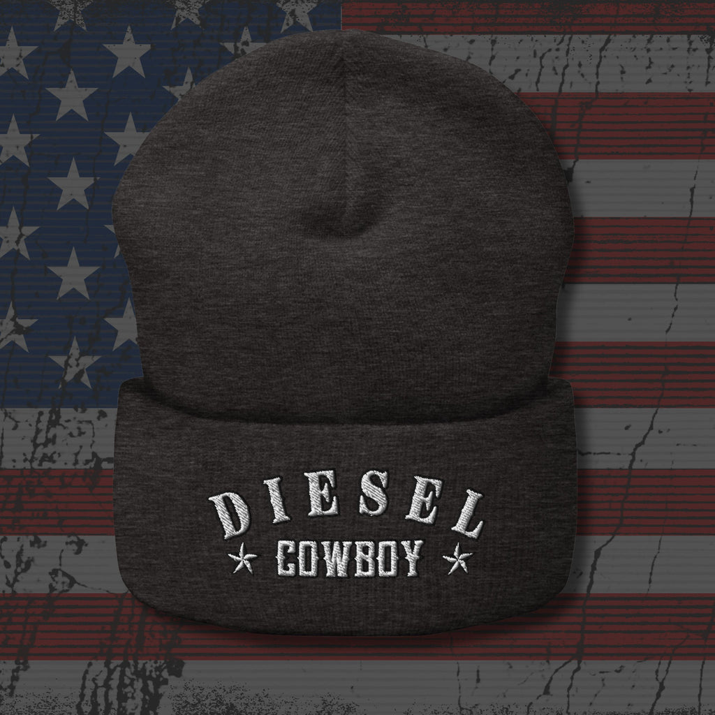 Dark gray beanie with 'Diesel Cowboy' text on an American flag background