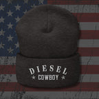 Dark gray beanie with 'Diesel Cowboy' text on an American flag background