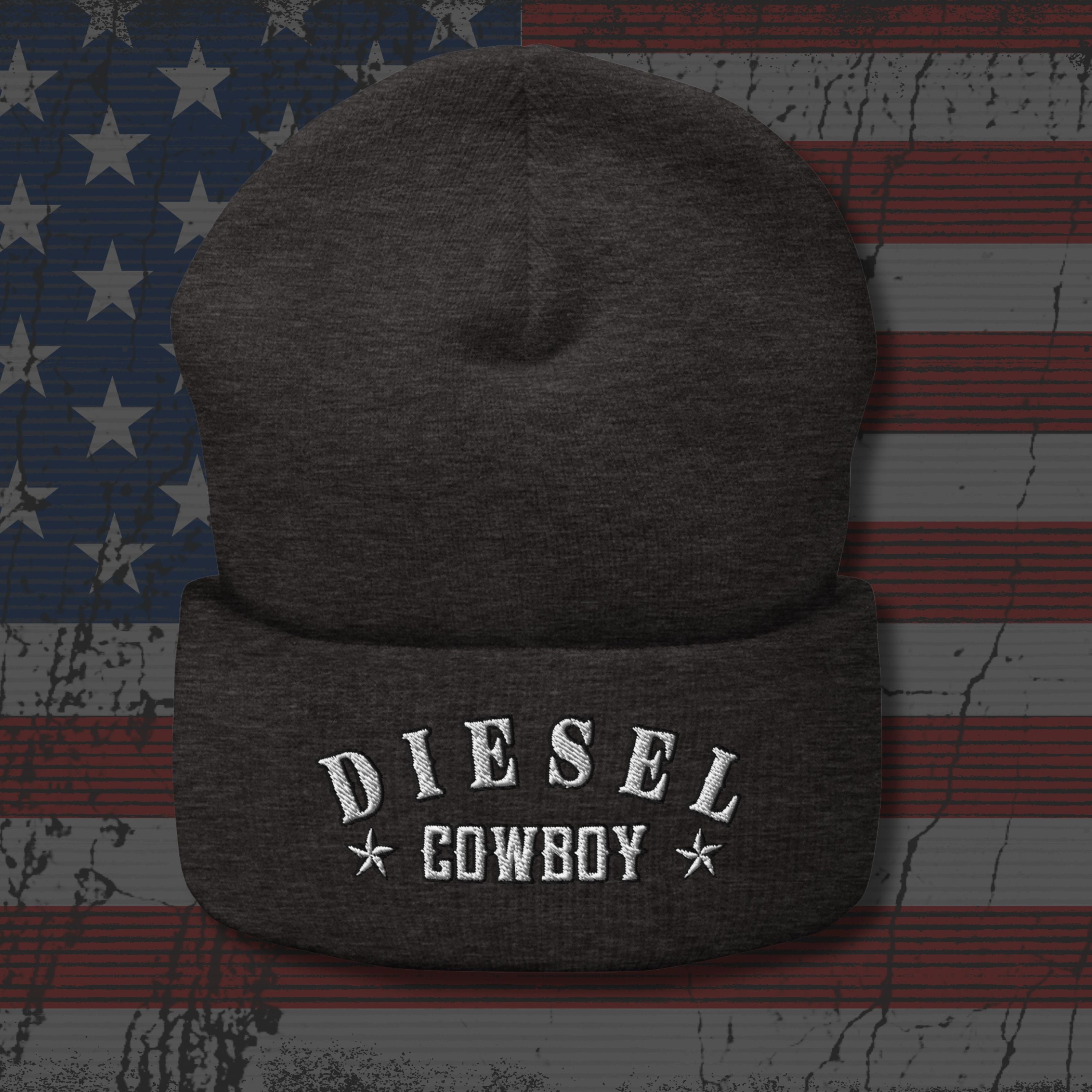 Dark gray beanie with 'Diesel Cowboy' text on an American flag background
