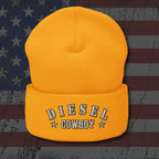 Yellow beanie with 'Diesel Cowboy' text on a distressed American flag background