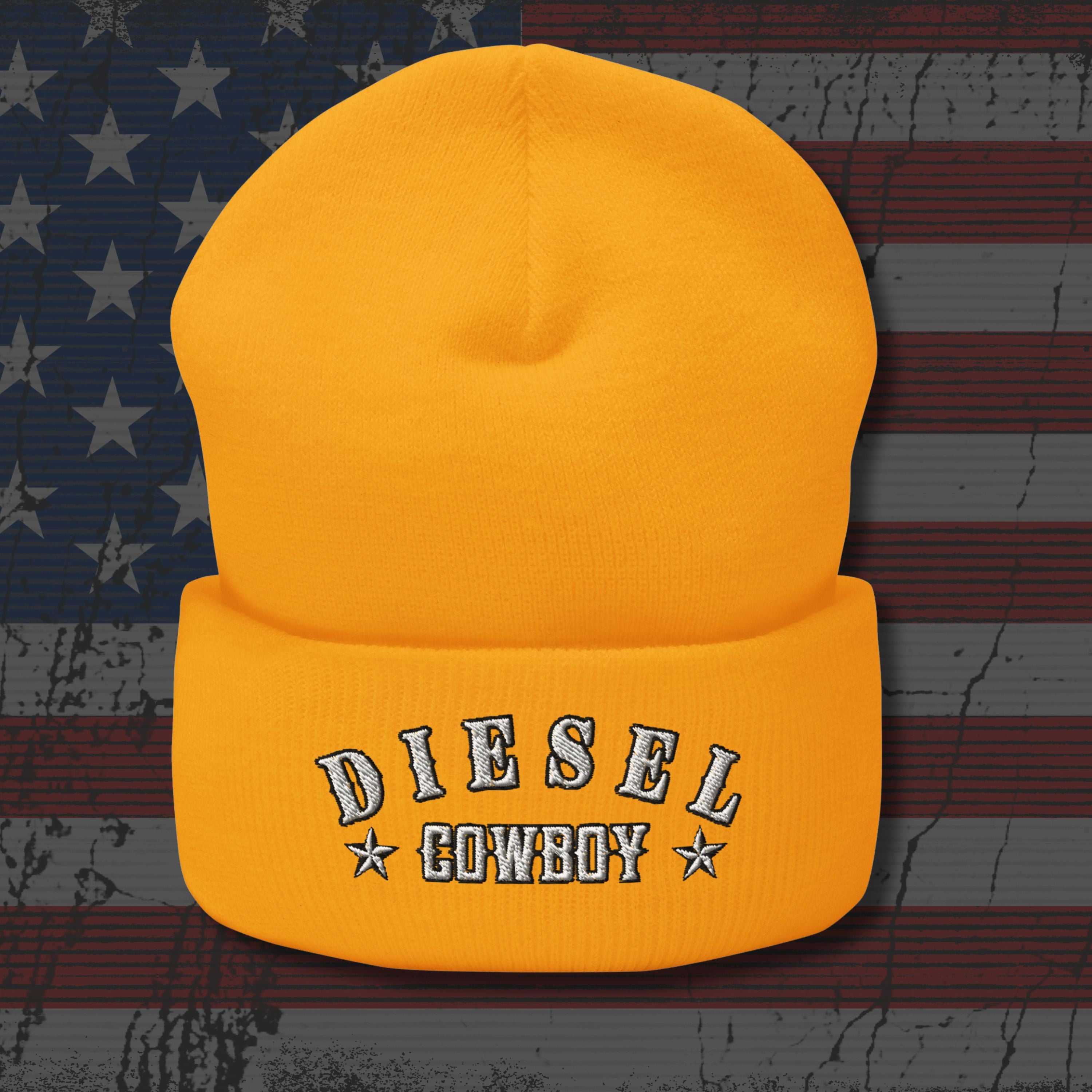 Yellow beanie with 'Diesel Cowboy' text on a distressed American flag background