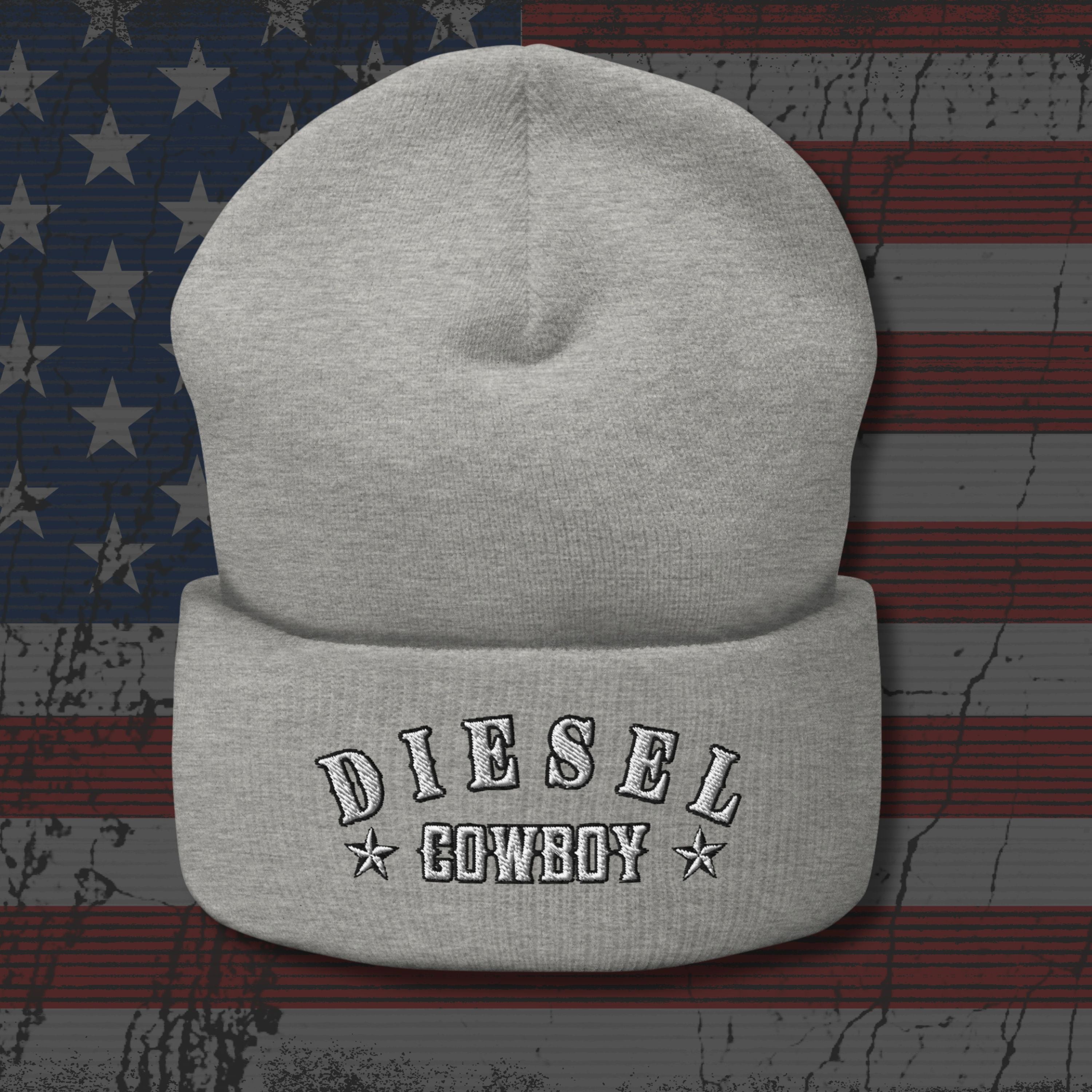 Gray beanie with 'Diesel Cowboy' text on an American flag background