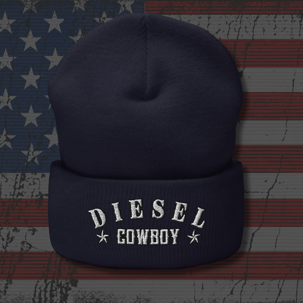 Navy blue beanie with 'Diesel Cowboy' text on an American flag background
