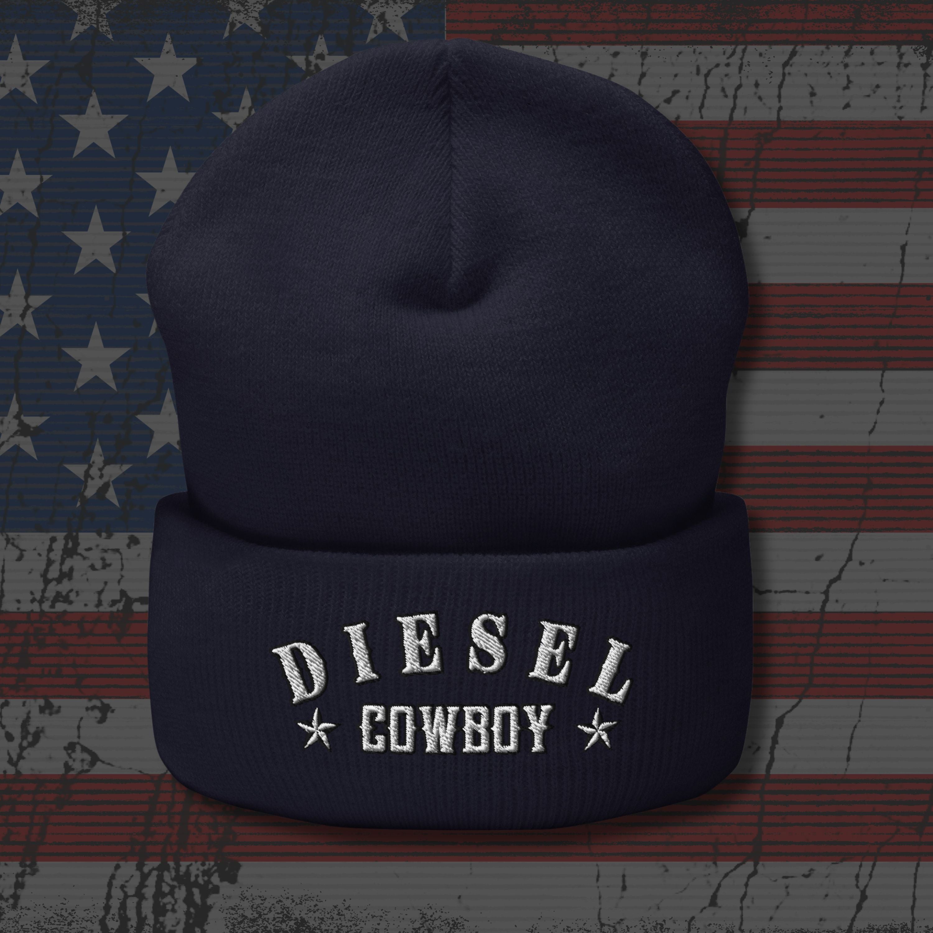 Navy blue beanie with 'Diesel Cowboy' text on an American flag background