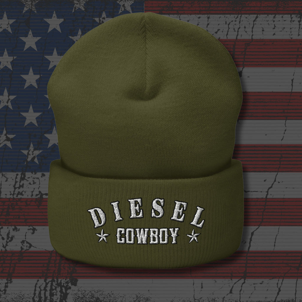 Green beanie with 'Diesel Cowboy' text on an American flag background