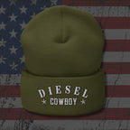 Green beanie with 'Diesel Cowboy' text on an American flag background