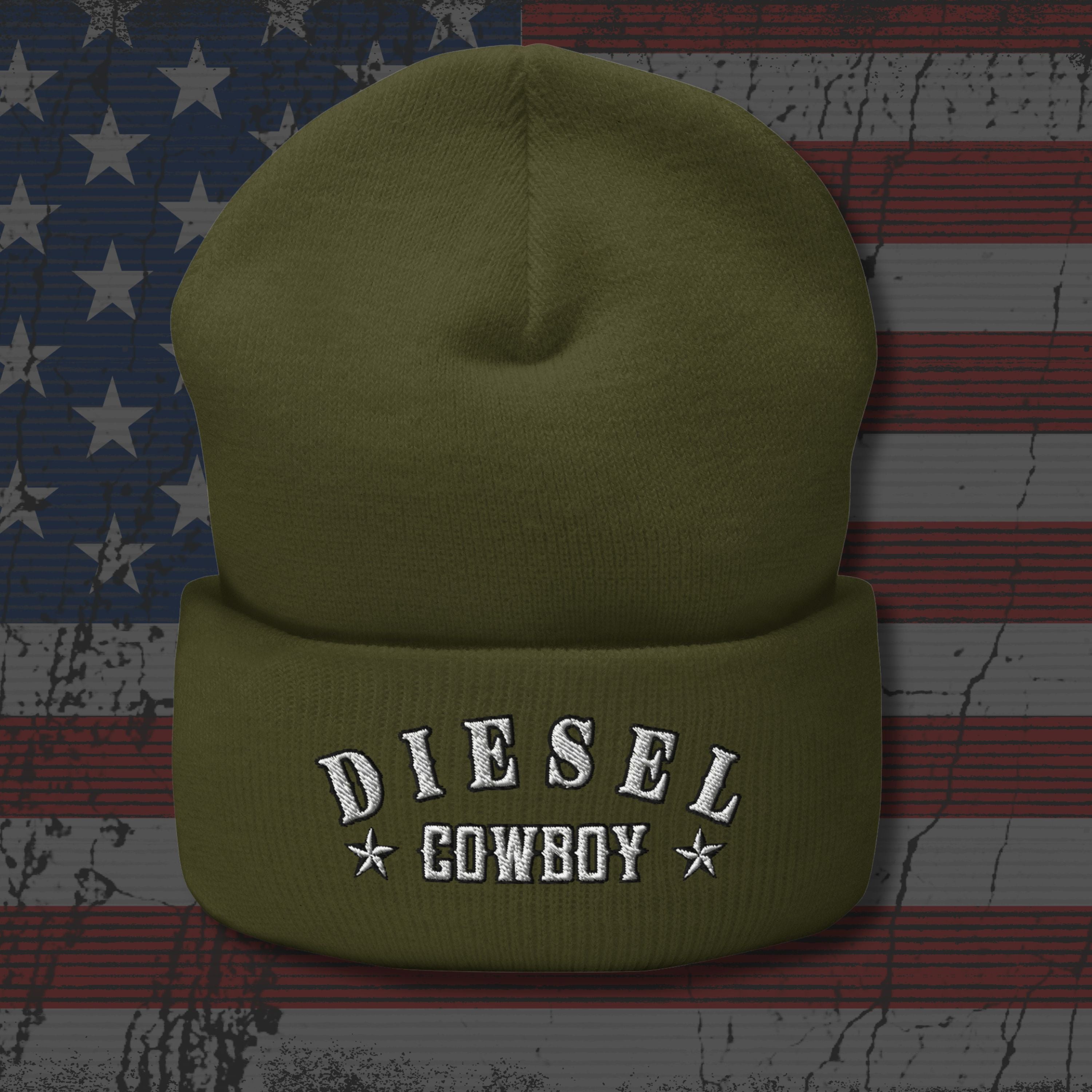 Green beanie with 'Diesel Cowboy' text on an American flag background