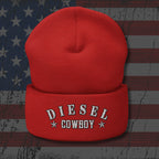 Red beanie with 'Diesel Cowboy' text on an American flag background