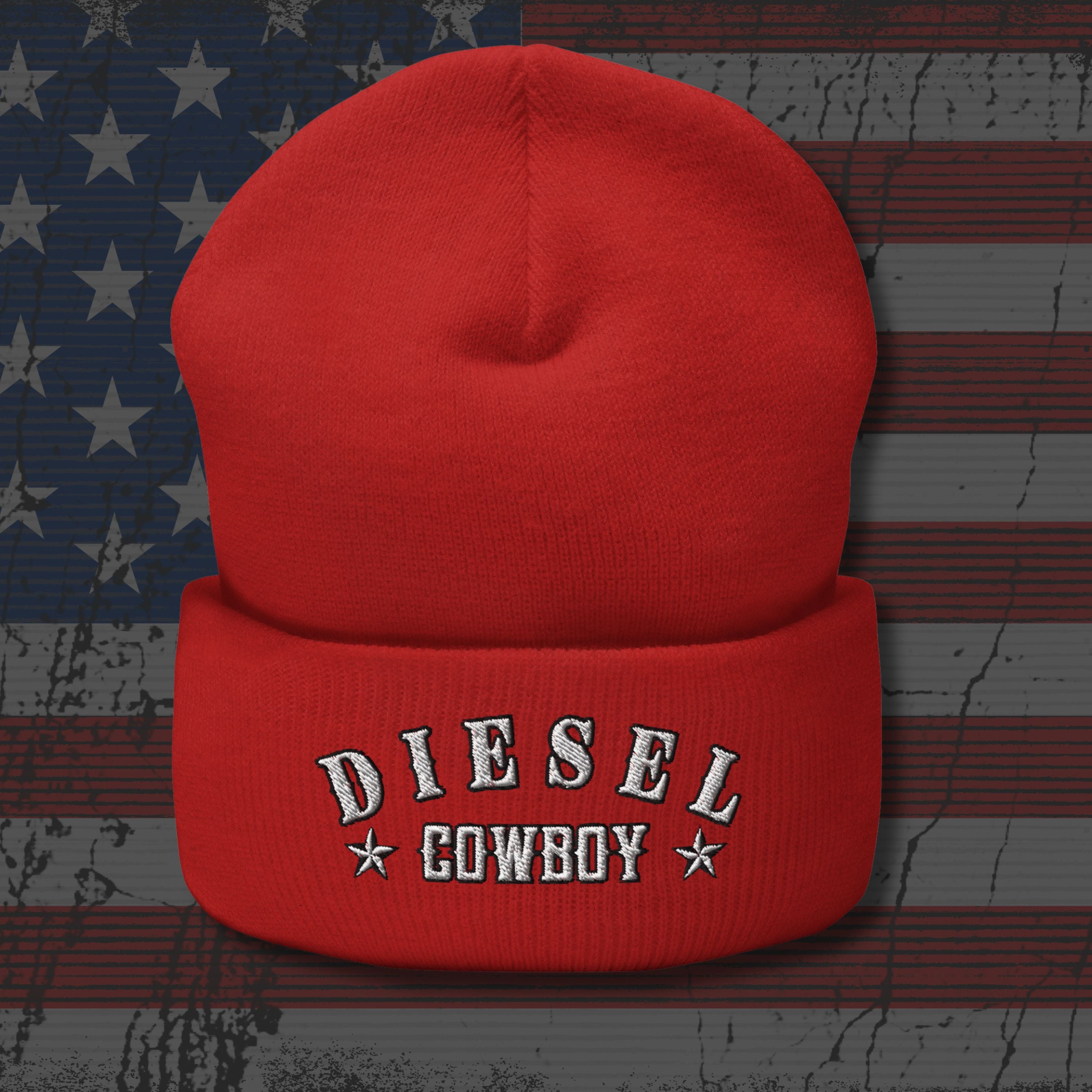Red beanie with 'Diesel Cowboy' text on an American flag background