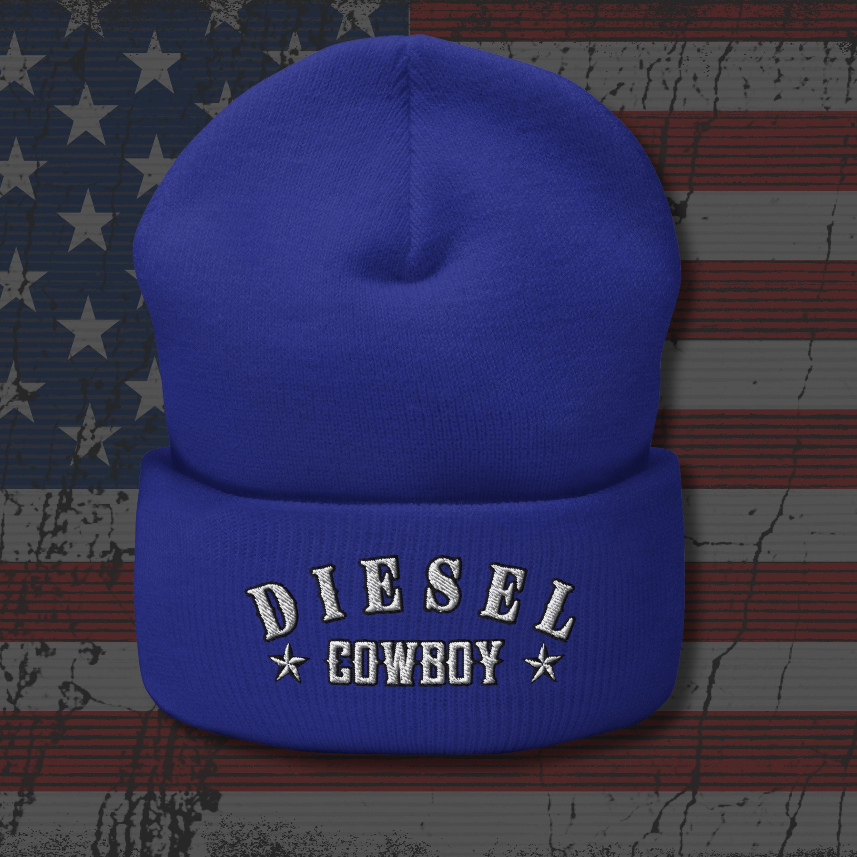 Blue beanie with 'Diesel Cowboy' text on an American flag background
