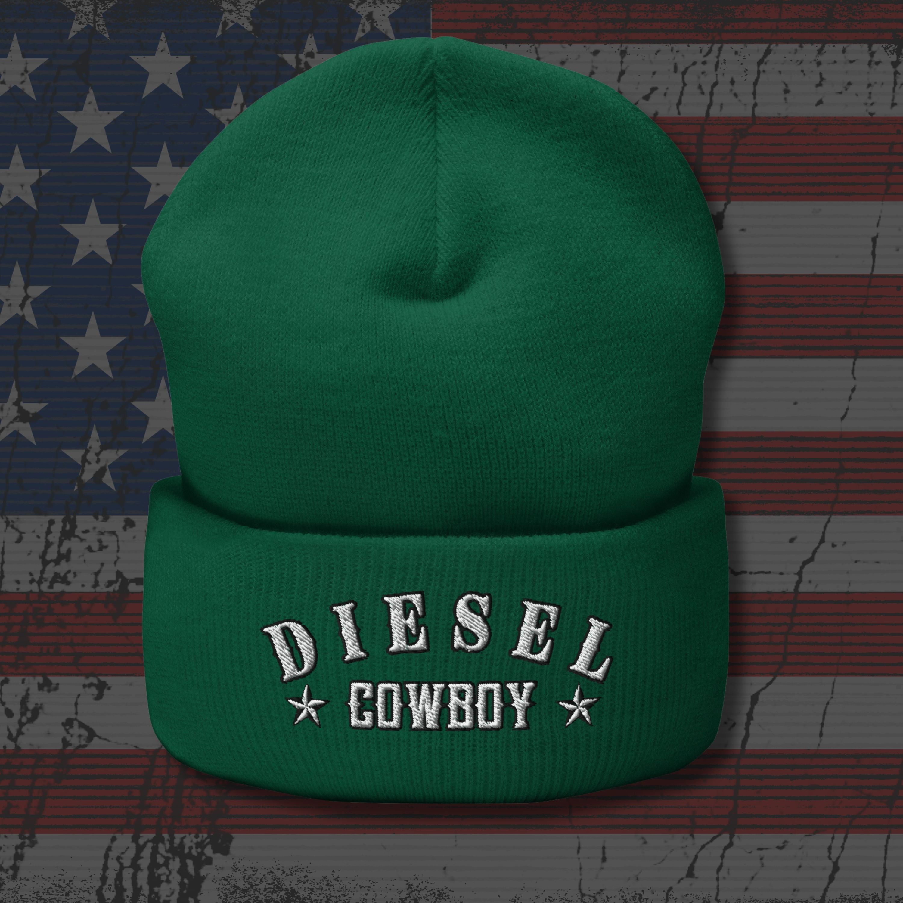 Green beanie with 'Diesel Cowboy' text on an American flag background