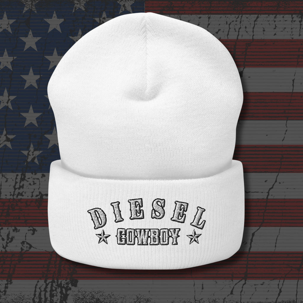 White beanie with 'DIESEL COWBOY' text on an American flag background