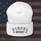 White beanie with 'DIESEL COWBOY' text on an American flag background