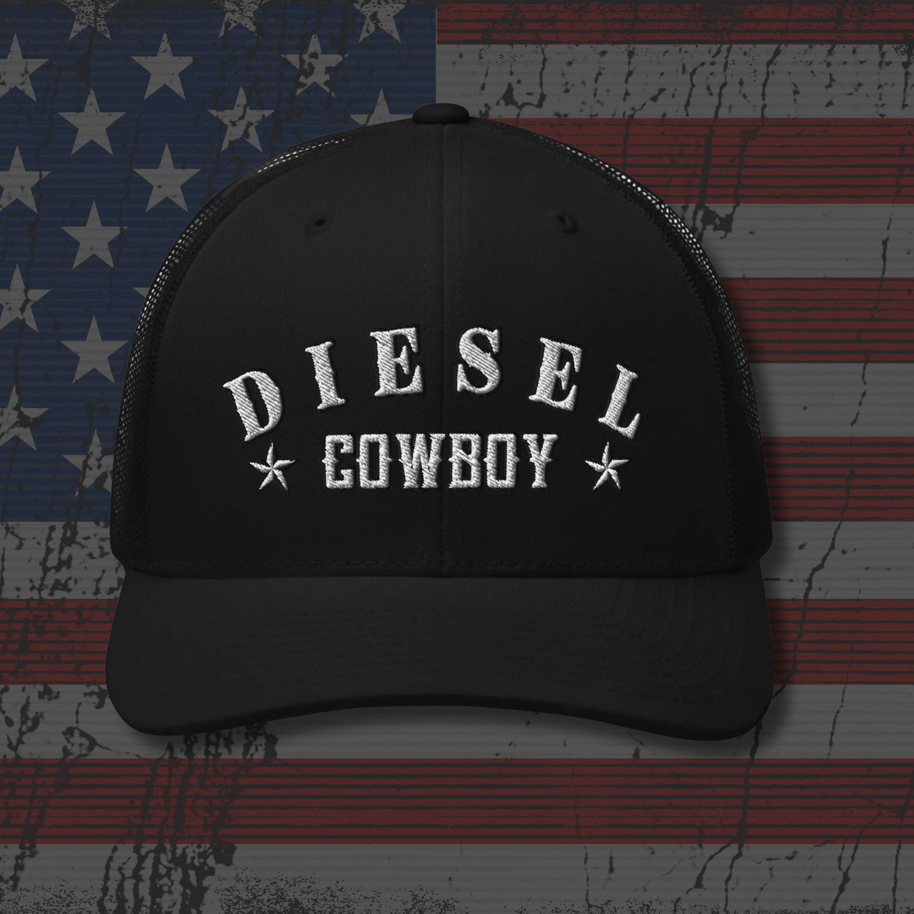 Black cap with 'Diesel Cowboy' text on an American flag background