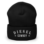 "Diesel Cowboy" embroidered into this cuffed beanie hat by Infidel Collective, available in 12 colors, shown here in black.