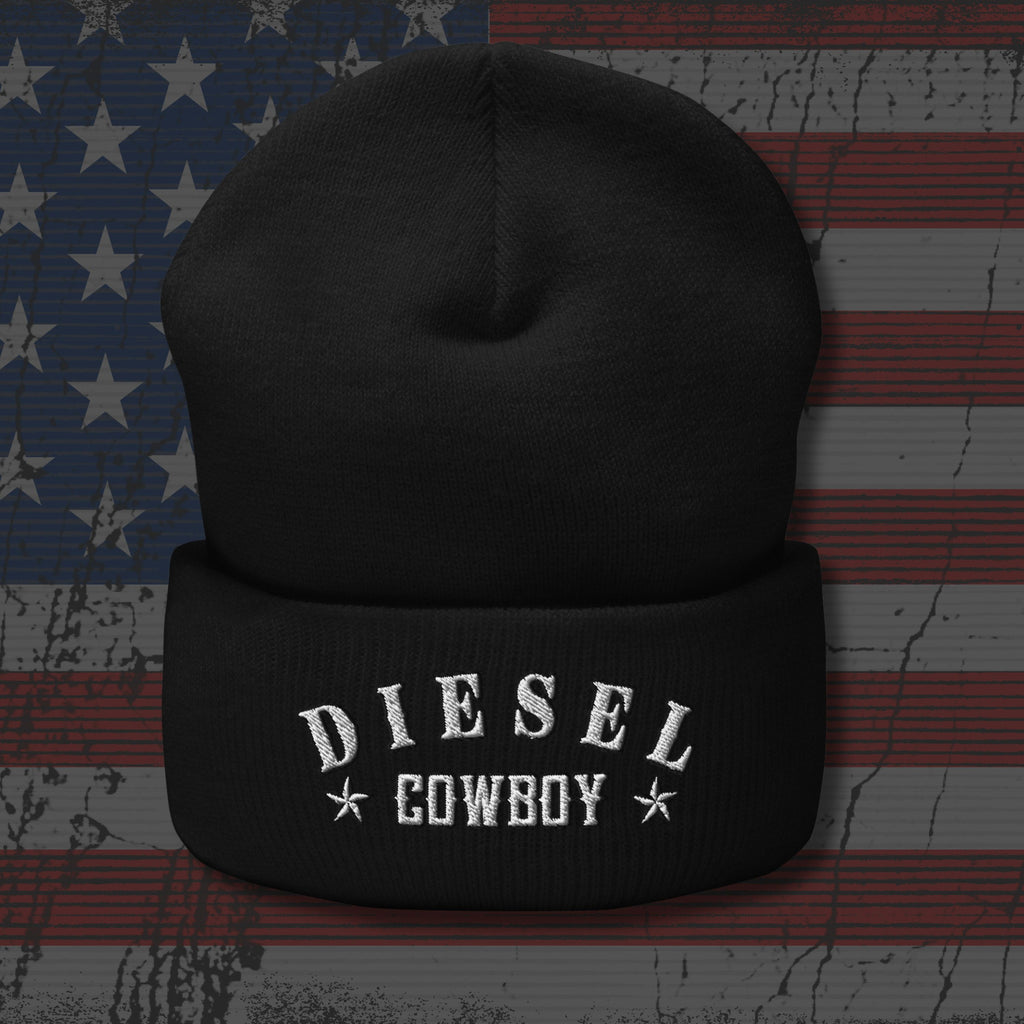 Black beanie with 'Diesel Cowboy' text on an American flag background