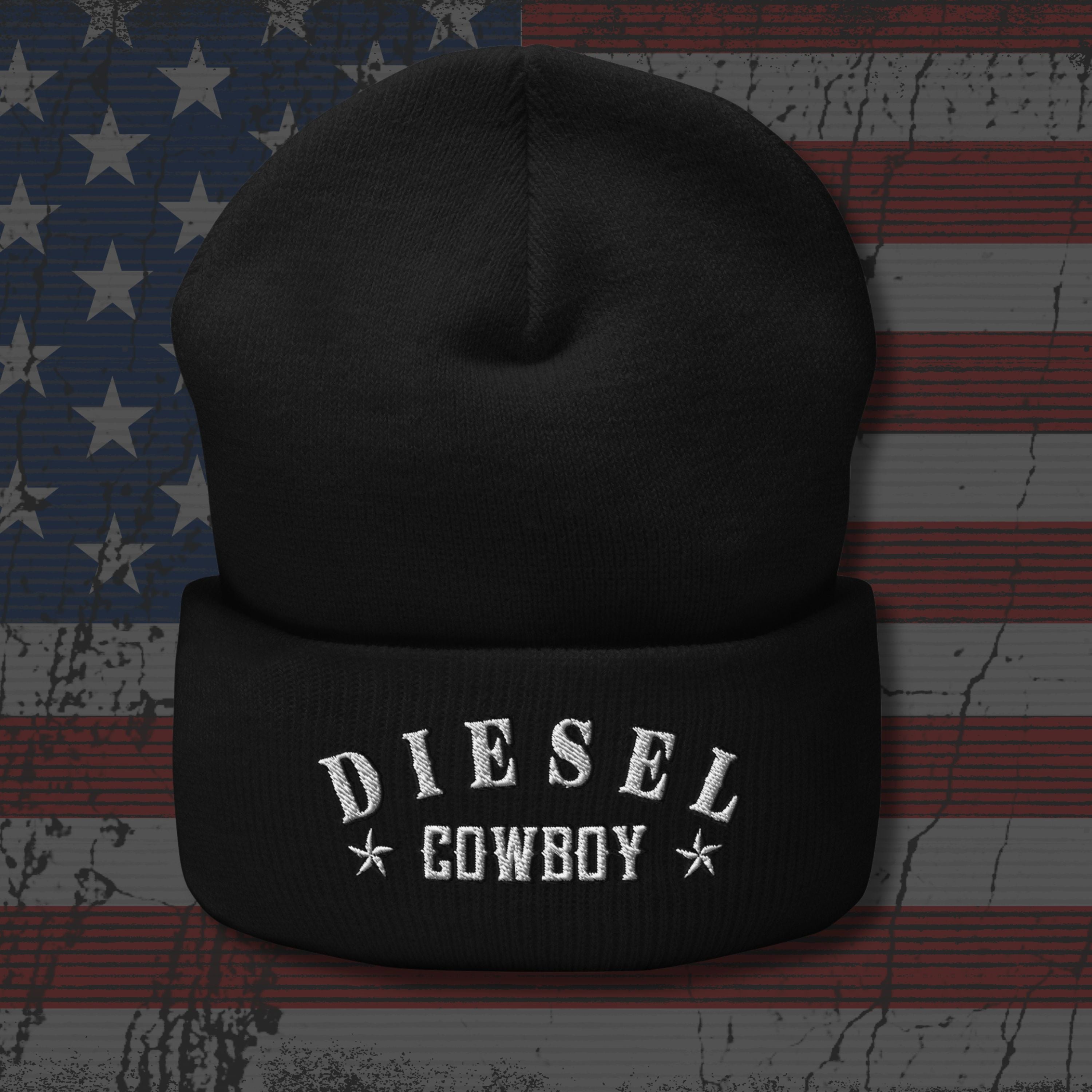 Black beanie with 'Diesel Cowboy' text on an American flag background