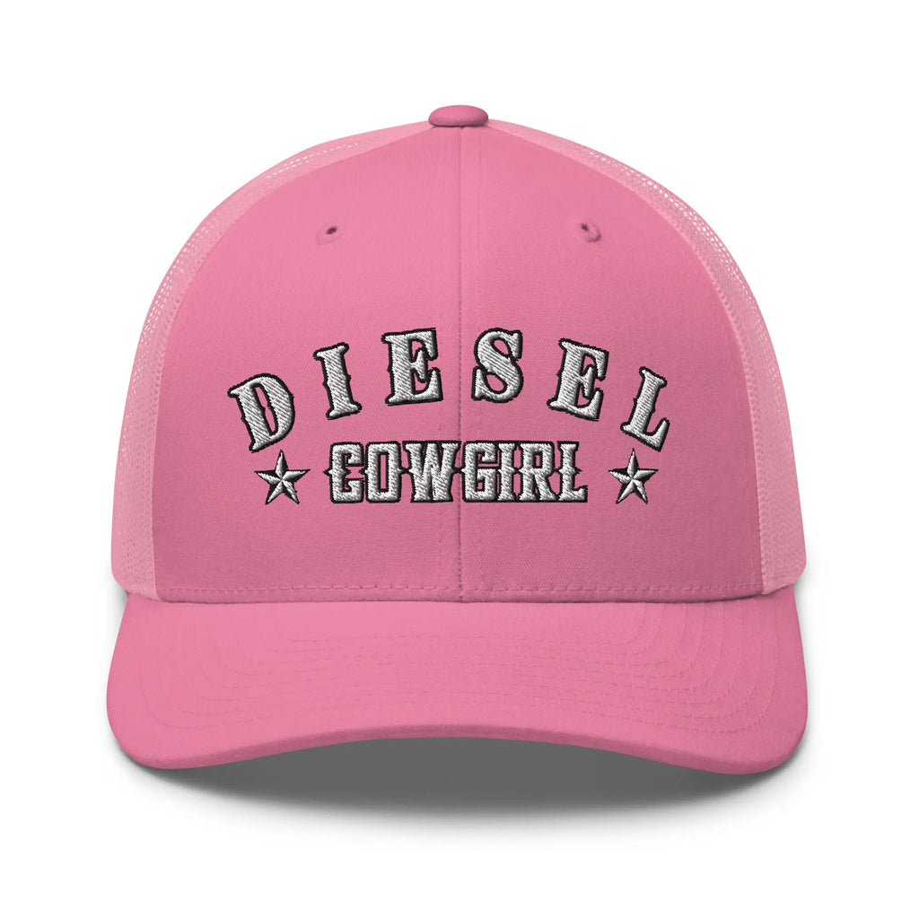 Diesel Cowgirl snapback trucker hat – black retro mesh cap with white embroidery and stars made for women.