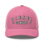 Diesel Cowgirl snapback trucker hat – black retro mesh cap with white embroidery and stars made for women.