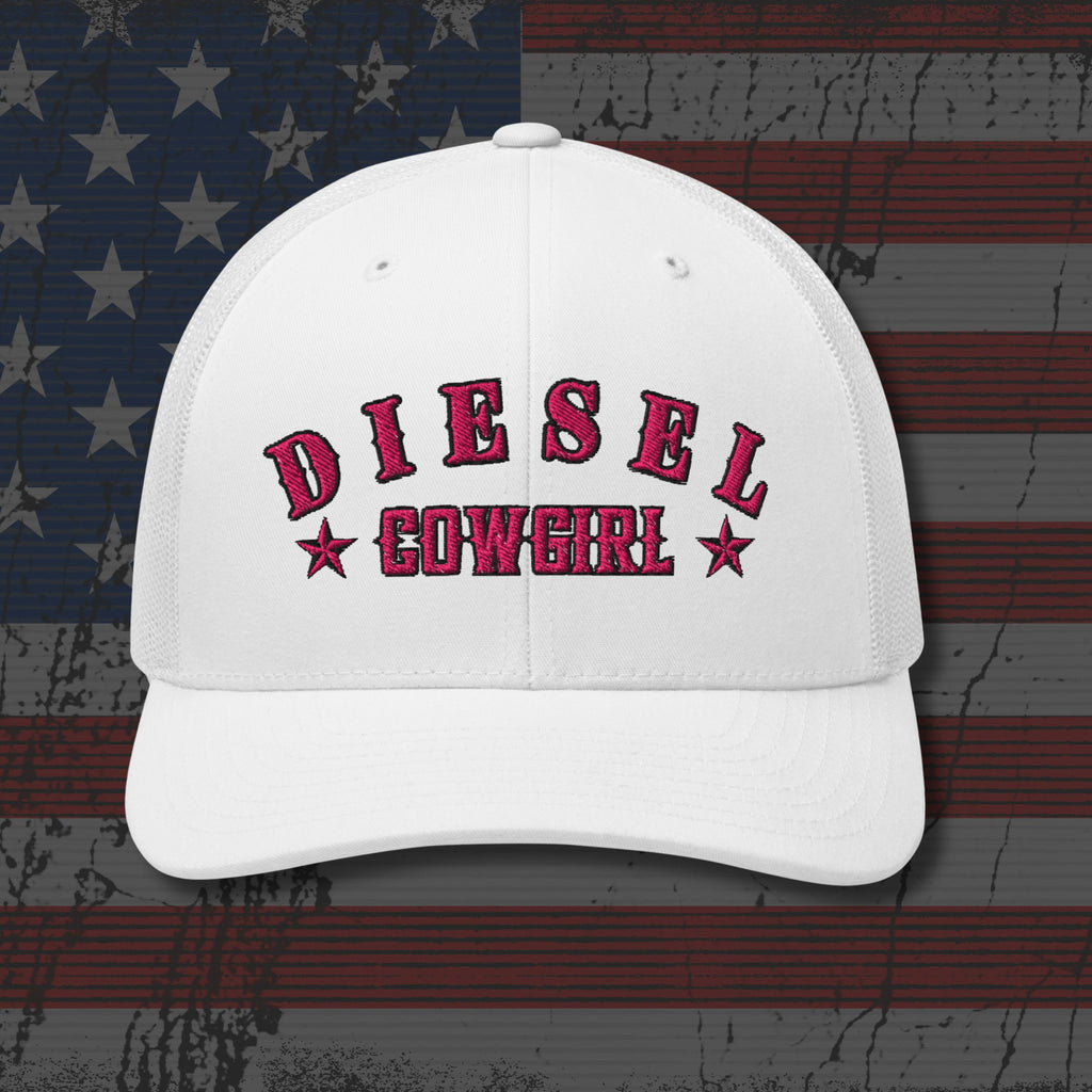 White cap with 'DIESEL COWGIRL' text on an American flag background