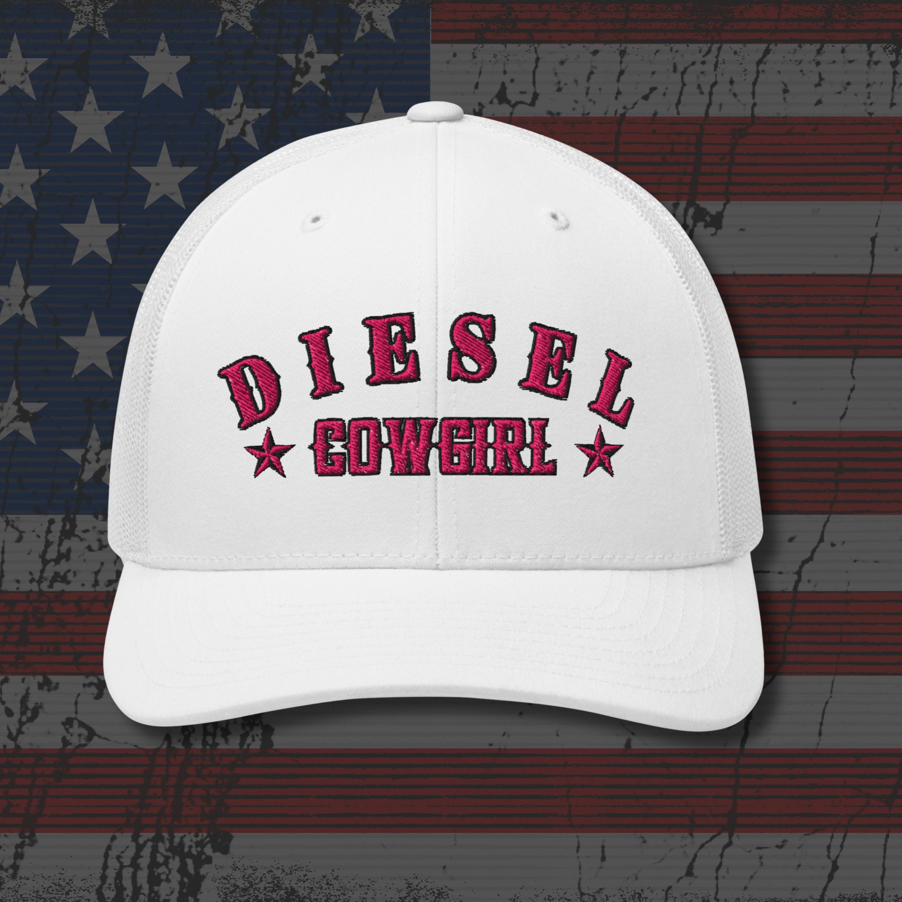 White cap with 'DIESEL COWGIRL' text on an American flag background