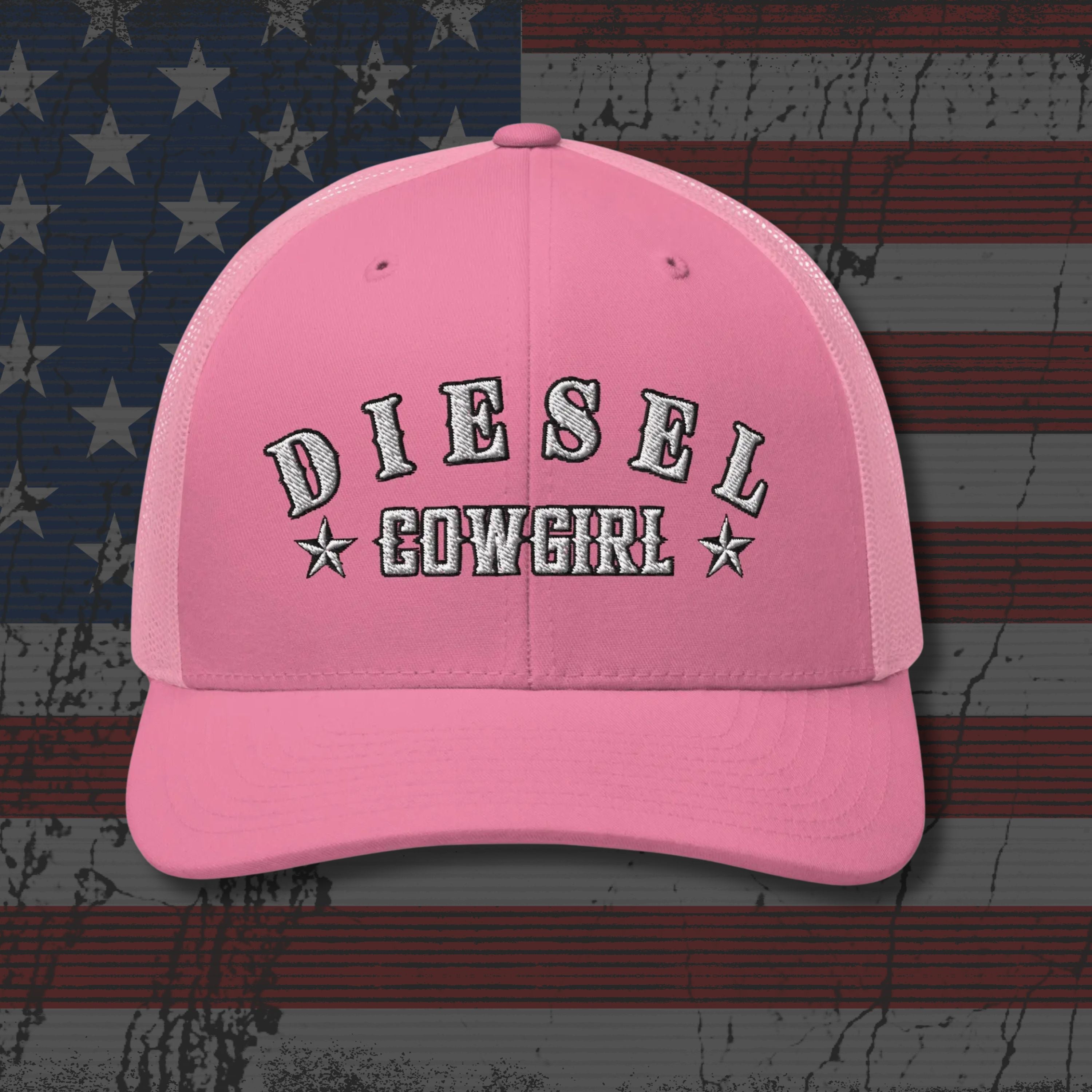 Pink cap with 'DIESEL COWGIRL' text on a distressed American flag background