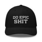Mockup of "DO EPIC SHIT" cap – Embroidered in bold font stitching on Snapback Mesh Trucker Cap for Men and Women