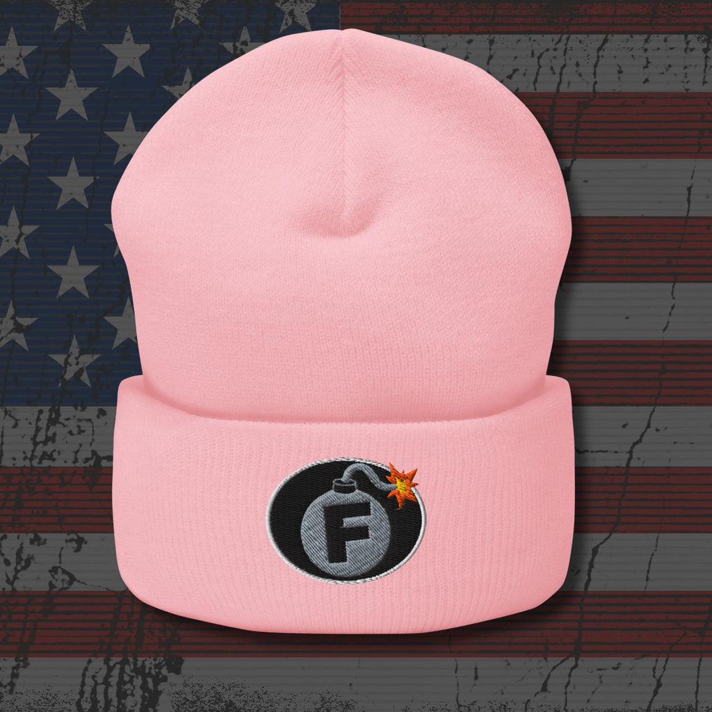 Pink beanie with a bomb-themed patch featuring the letter 'F' on an American flag background.