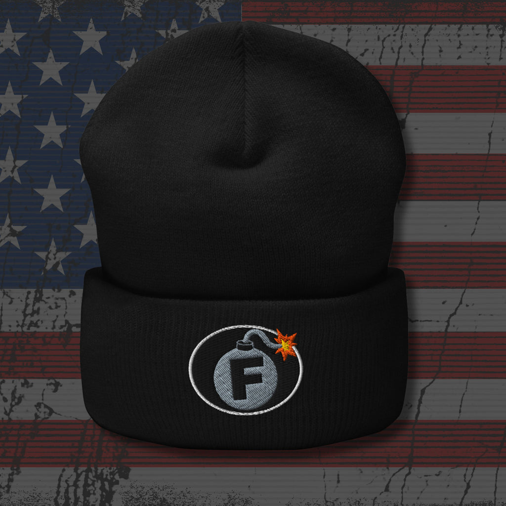 Black beanie with a logo on an American flag background