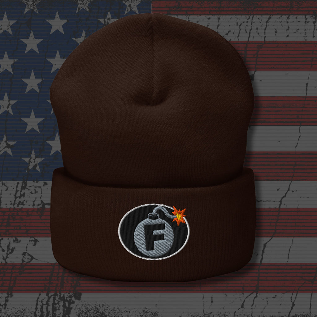 Brown beanie with a logo on an American flag background