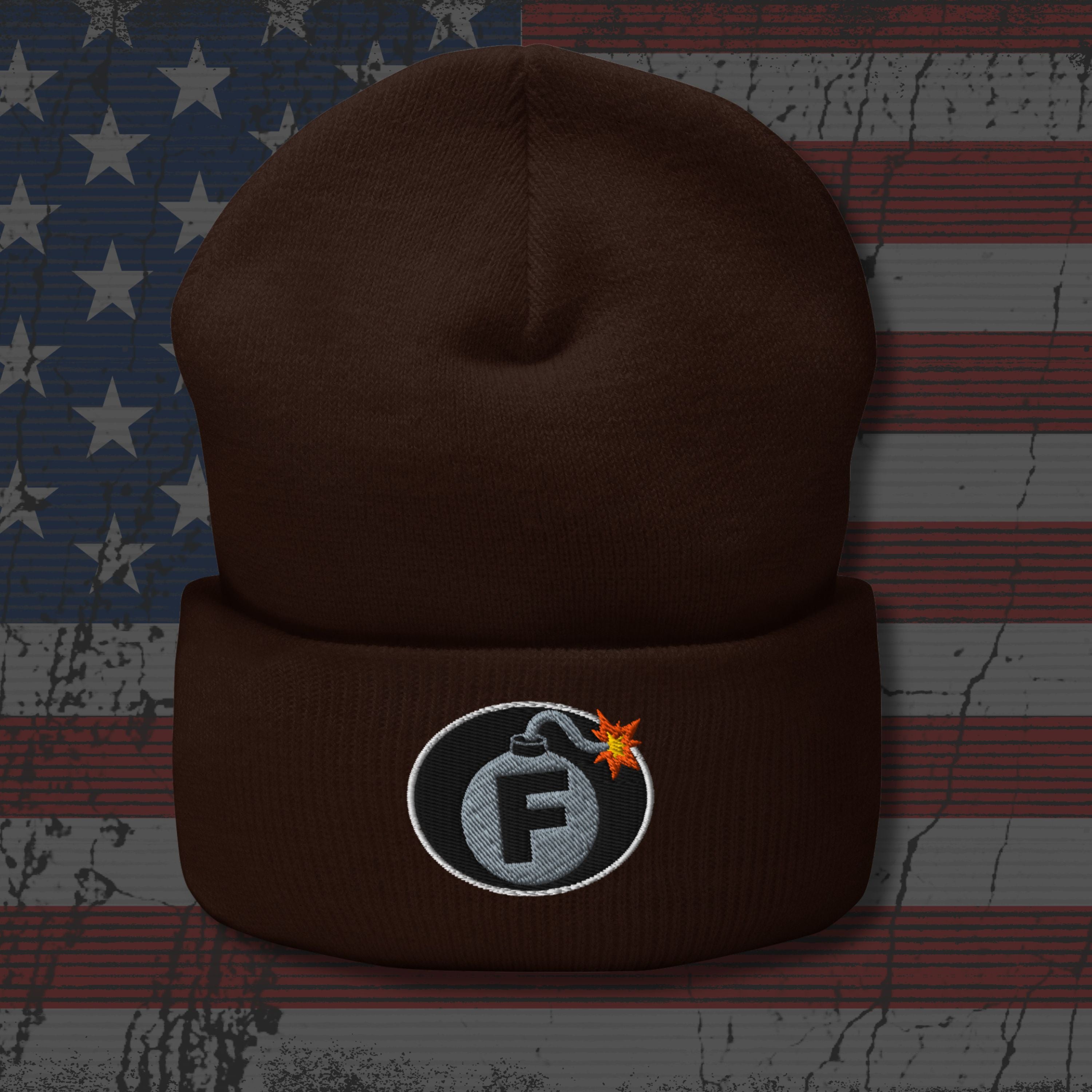 Brown beanie with a logo on an American flag background
