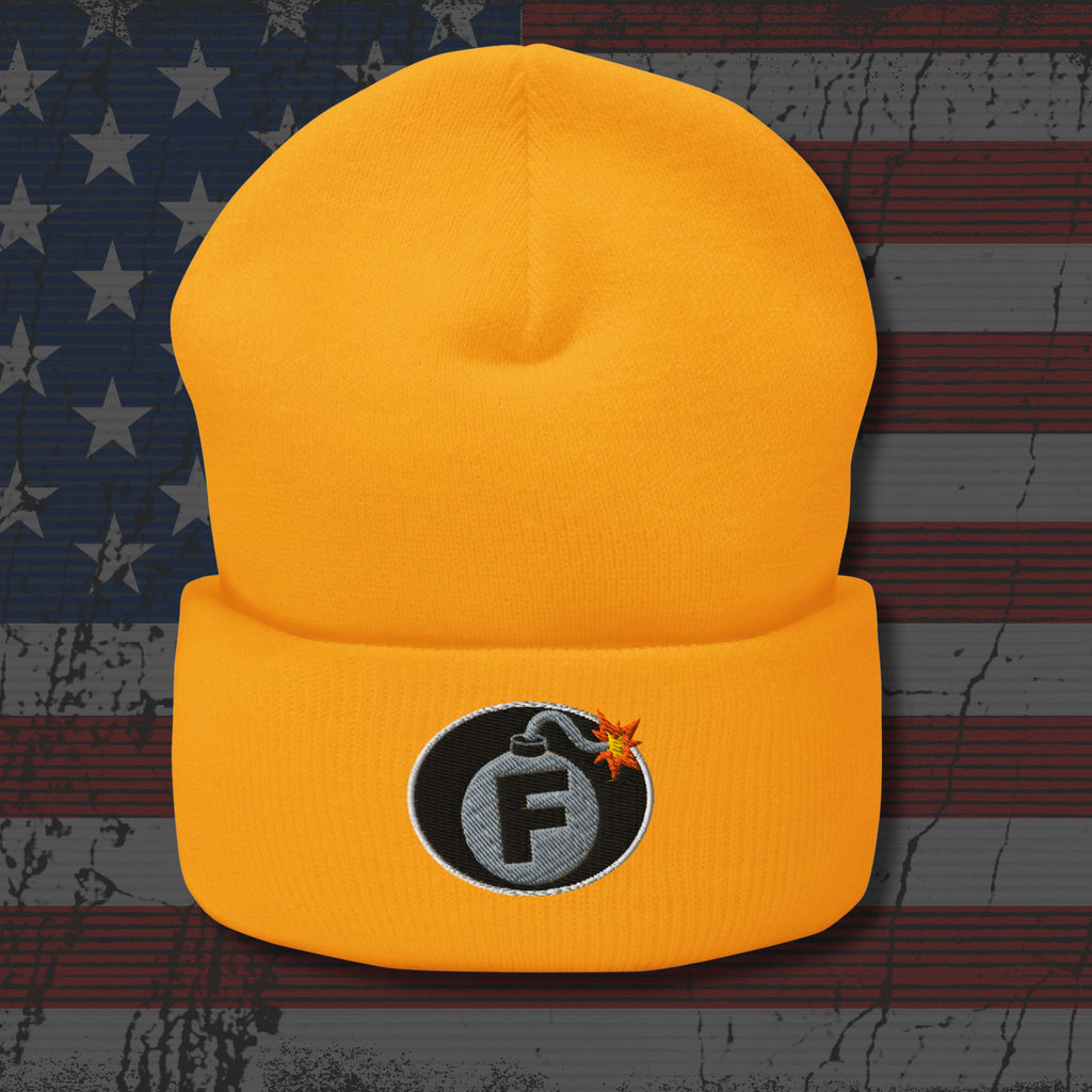 Yellow beanie with a 'F' logo on an American flag background
