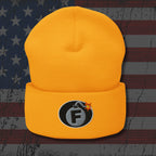 Yellow beanie with a 'F' logo on an American flag background