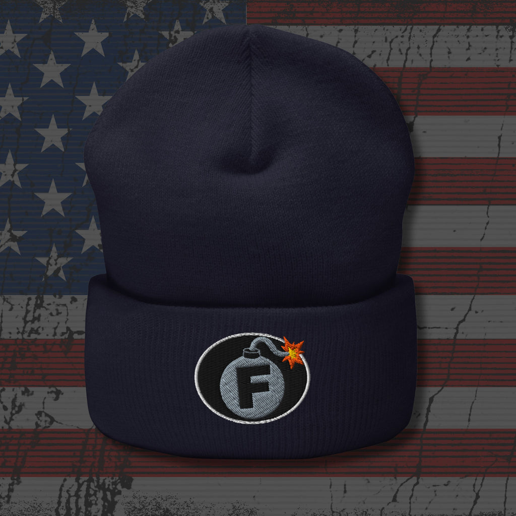 Navy blue beanie with a logo on an American flag background