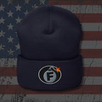 Navy blue beanie with a logo on an American flag background