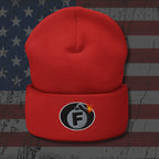 Red beanie with a bomb-themed logo on an American flag background
