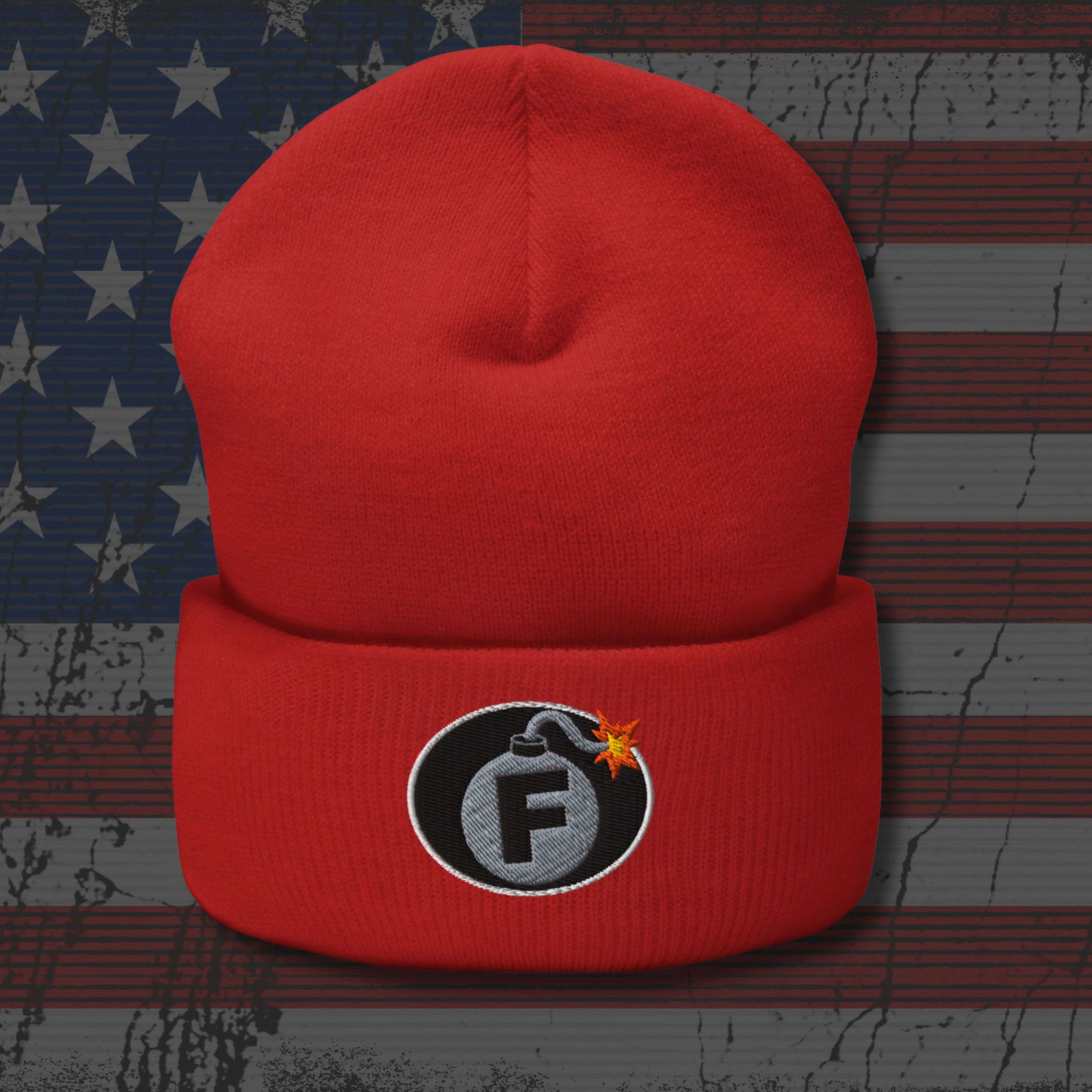 Red beanie with a bomb-themed logo on an American flag background