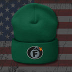 Green beanie with a logo on an American flag background