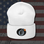 White beanie with a bomb-themed logo on an American flag background